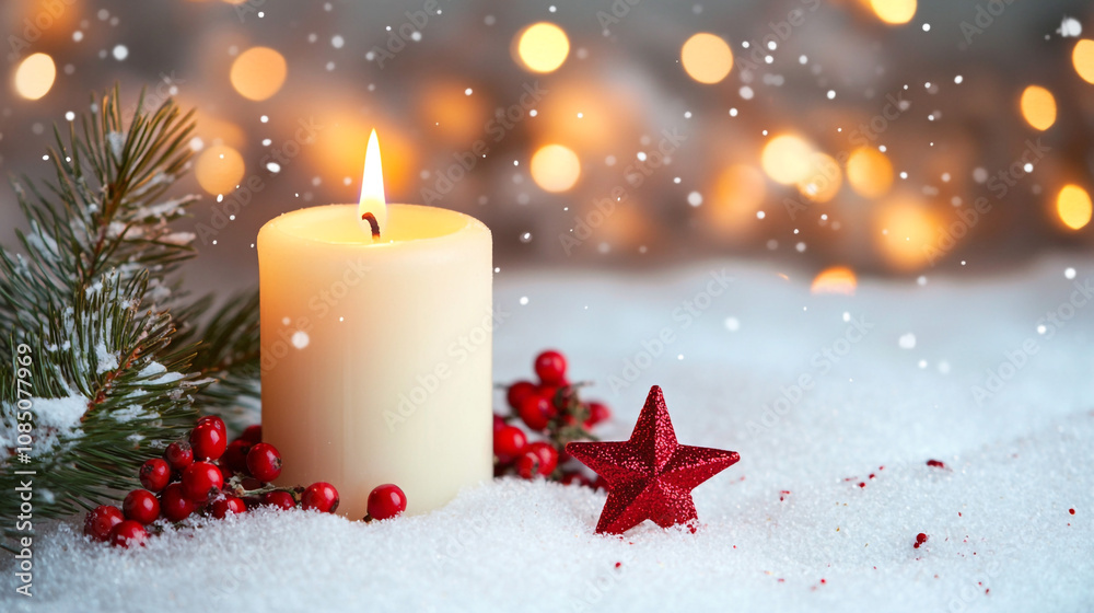 Warm Christmas Candle With Pine and Red Berries in Snow. Perfect for evoking holiday warmth and festive spirit. Ideal for seasonal decorations and Christmas themes. Warm Christmas Candle With Pine and Red Berries in Snow. Perfect for evoking holiday warmth and festive spirit. Ideal for seasonal decorations and Christmas themes.