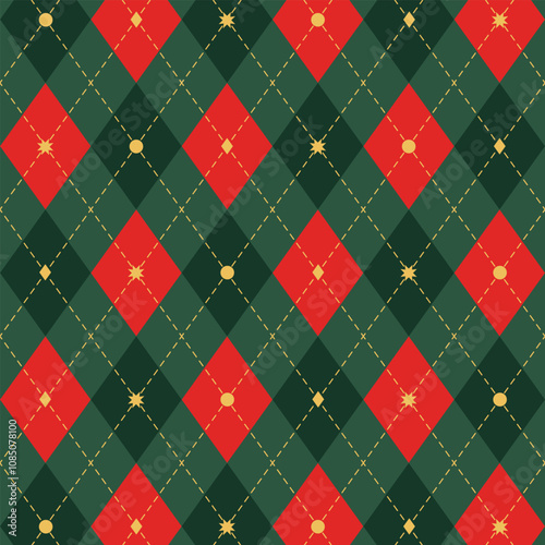Seamless argyle plaid Christmas pattern. Traditional Scottish ornament with green, red rhombus. Yellow dashed stroke. Background with diamonds and octagonal stars. Fabric texture. Vector illustration.