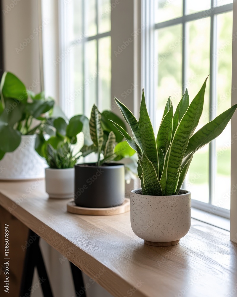 A serene indoor scene featuring a variety of potted plants on a wooden shelf by a sunlit window, adding greenery and freshness to the space.