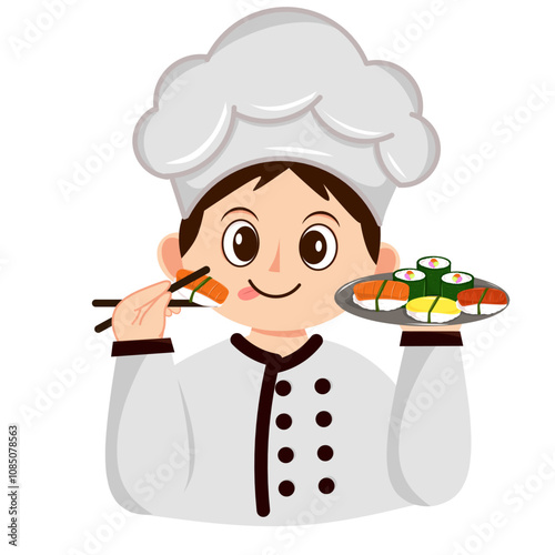 Vector art illustration of cute chef with sushi food in his hand