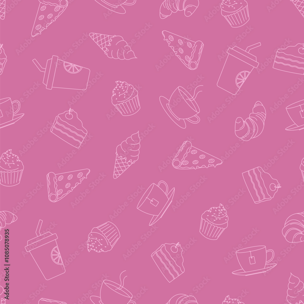 Abstract seamless pattern of cafe menu set: coffee, tea, juice, ice cream, pizza, cake, cupcake, croissant. Light pink outline stroke on dusty pink background vector illustration. Abstract seamless pattern of cafe menu set: coffee, tea, juice, ice cream, pizza, cake, cupcake, croissant. Light pink outline stroke on dusty pink background vector illustration.