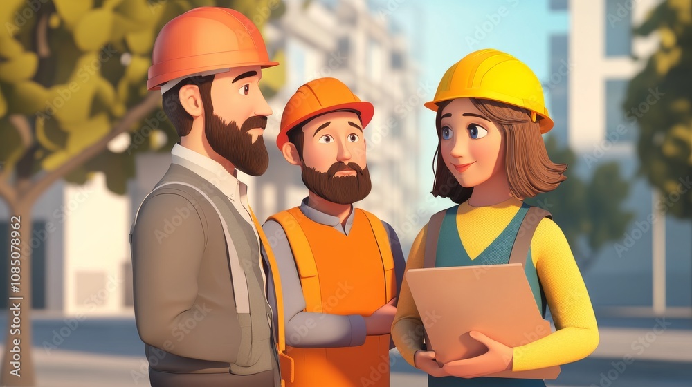 Construction team discussing project details.