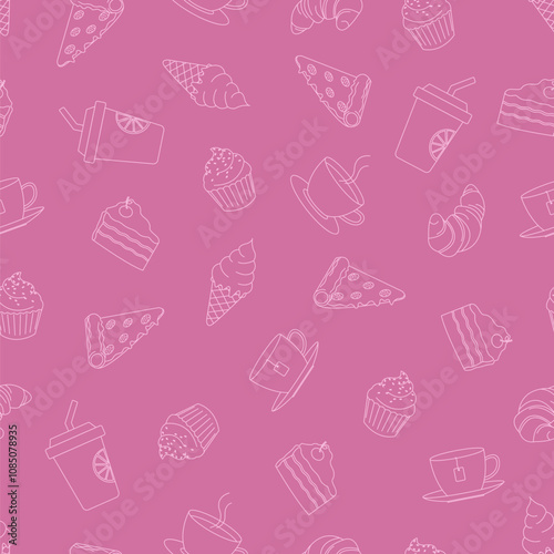Abstract seamless pattern of cafe menu set: coffee, tea, juice, ice cream, pizza, cake, cupcake, croissant. Light pink outline stroke on dusty pink background vector illustration.