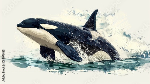 Orca whale leaping from ocean water, watercolor style. photo