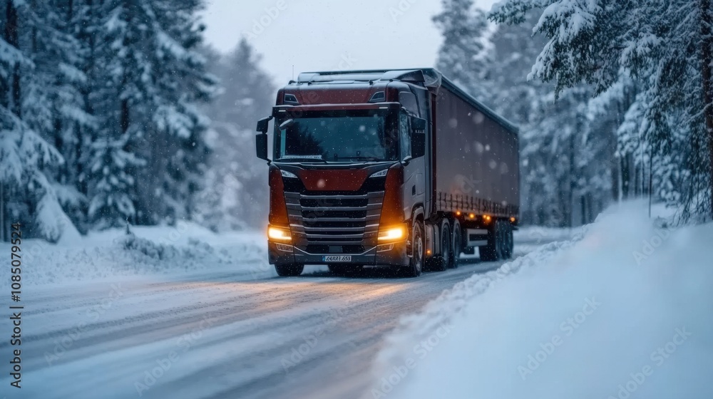 Large Truck Driving on Snowy Road at Night Large Truck Driving on Snowy Road at Night