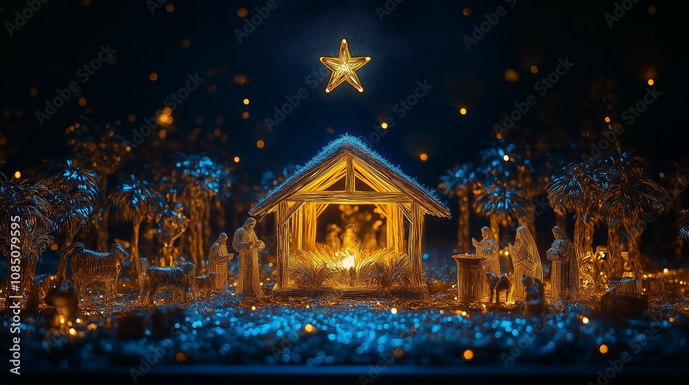 Obraz premium Beautiful Nativity Scene with Illuminated Figures and Starry Sky, Capturing the Essence of Christmas Traditions and Joyful Holiday Celebrations in a Magical Setting
