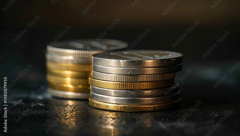 Stacked Coins in Silver and Gold on Dark Surface Showcasing Currency and Value Representation for Financial and Economic Themes Stacked Coins in Silver and Gold on Dark Surface Showcasing Currency and Value Representation for Financial and Economic Themes