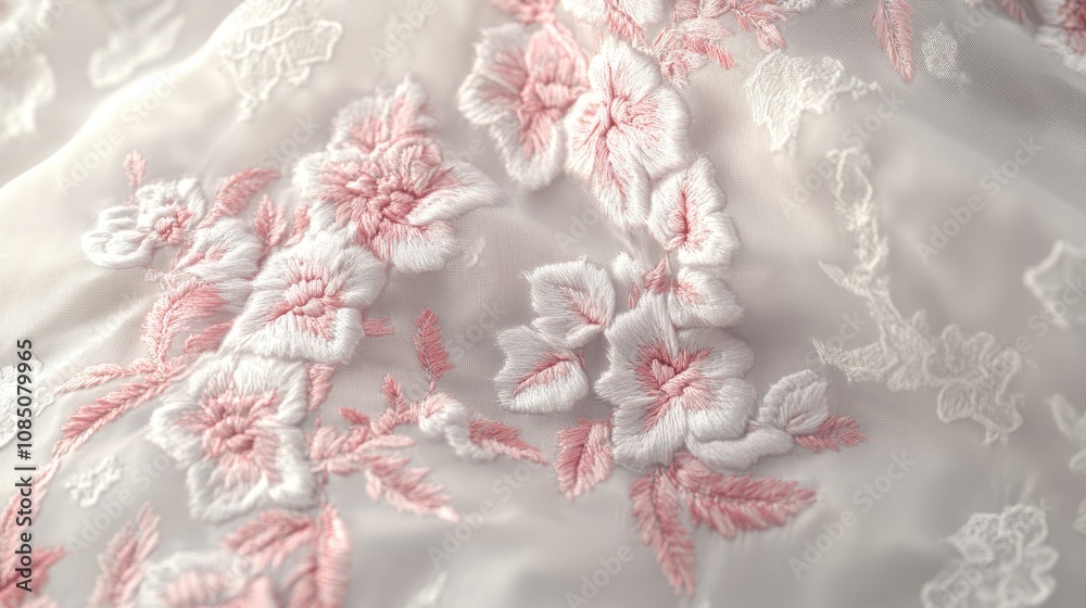 Delicate floral embroidery in soft pink hues.