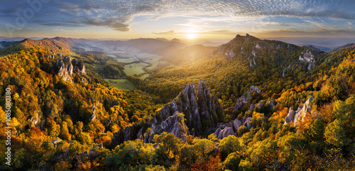 Amazing drone mountain panorama landscape at surise. natural outdoor travel  background. Beauty world. Slovakia - Sulov photo
