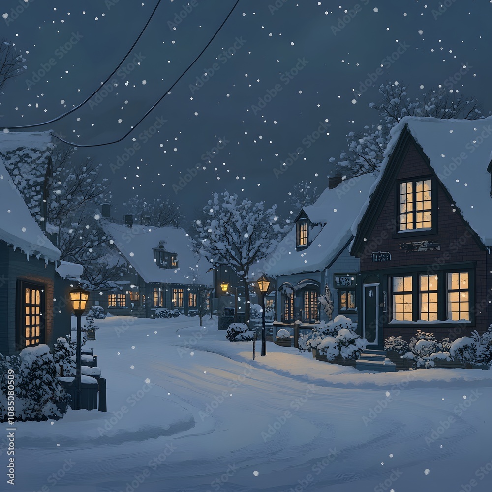 Fototapeta premium Snowy Winter Evening in a Charming Village, Cozy Houses with Warm Lights, Peaceful Atmosphere Surrounded by Snow-covered Trees and Soft Glow of Street Lamps