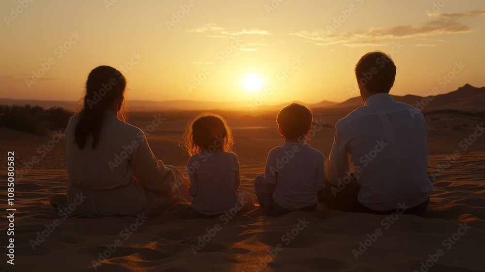 Parents and kids sitting together on the sand, watching the sun dip below the horizon Parents and kids sitting together on the sand, watching the sun dip below the horizon