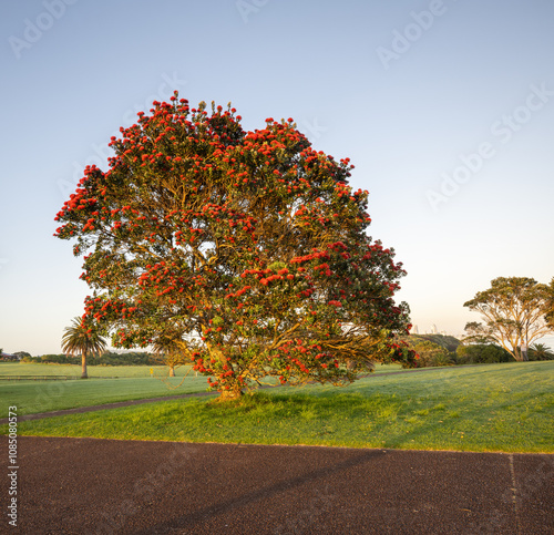 Pohutukawa trees in full bloom in summer, New Zealand Christmas Tree. Auckland.