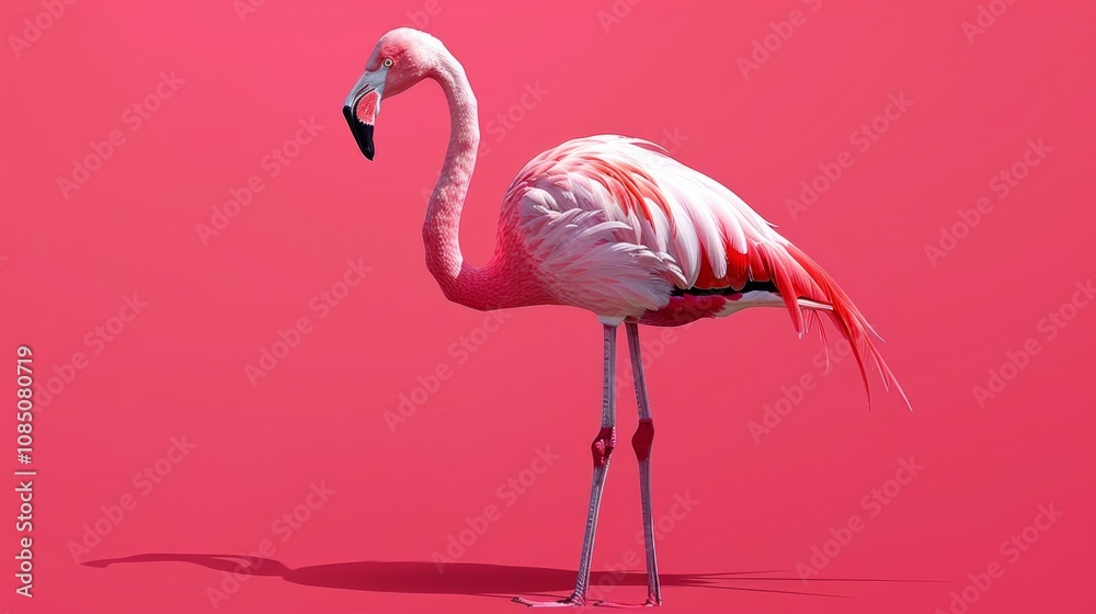 Fototapeta premium Pink flamingo standing on a pink background.