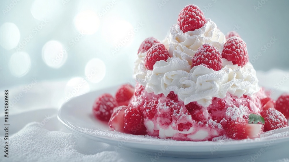 A delicious dessert topped with whipped cream and fresh raspberries. A delicious dessert topped with whipped cream and fresh raspberries.