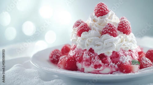 A delicious dessert topped with whipped cream and fresh raspberries.