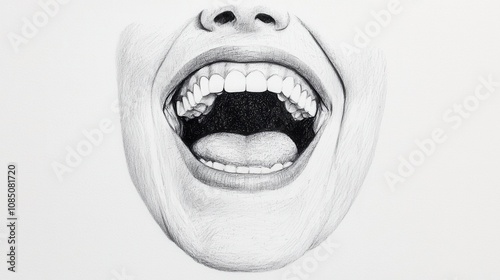Drawing of a mouth with a smile on it. The drawing is black and white and has a lot of detail