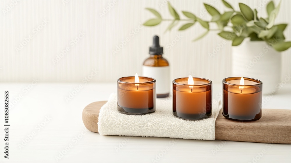 A serene setup featuring three lit candles on a wooden tray, with a plant and essential oil bottle in the background, evoking relaxation and tranquility. A serene setup featuring three lit candles on a wooden tray, with a plant and essential oil bottle in the background, evoking relaxation and tranquility.