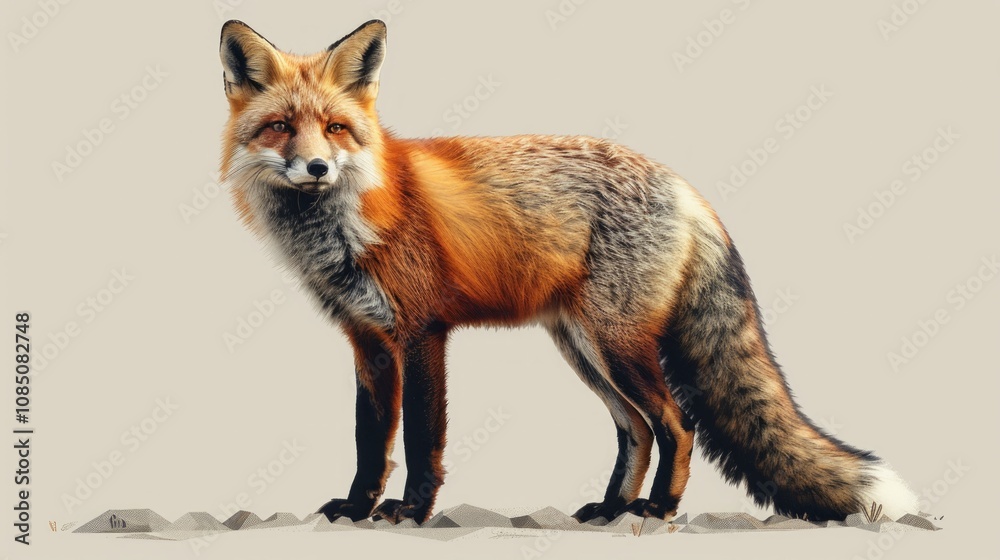 Fototapeta premium Red fox standing, full body view, isolated on light background.