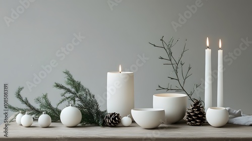 Elegant Arrangement of White Candles, Natural Elements, and Minimalist Decor for Cozy Holiday or Winter Vibe in Soft Neutral Tones