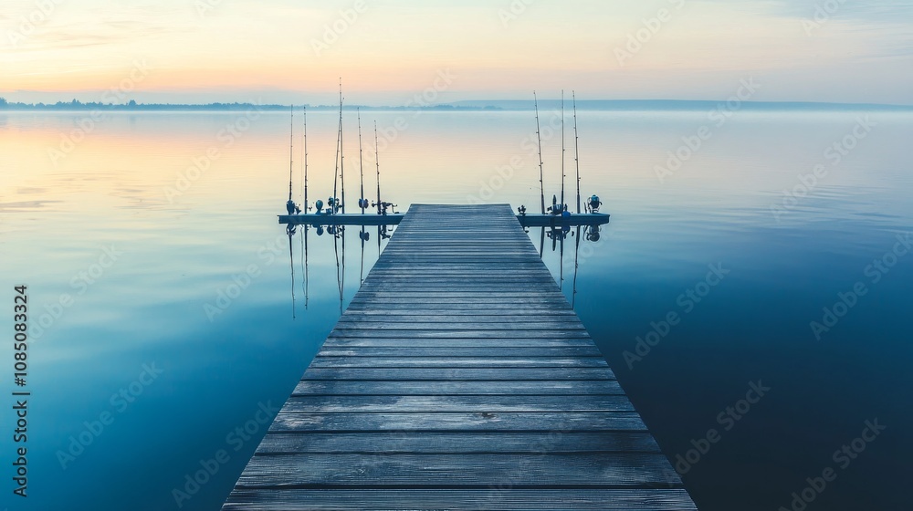 A tranquil sea fishing dock at sunrise, Fishing tackle arranged neatly, Coastal serenity style A tranquil sea fishing dock at sunrise, Fishing tackle arranged neatly, Coastal serenity style