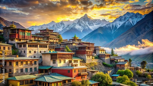 Stunning Double Exposure: Nako Village Homes in Kinnaur Mountains