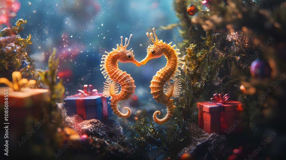 Two Adorable Seahorses Forming a Heart Shape Amidst Colorful Christmas Gifts Surrounded by Underwater Plants and Sparkling Lights in a Magical Holiday Scene Two Adorable Seahorses Forming a Heart Shape Amidst Colorful Christmas Gifts Surrounded by Underwater Plants and Sparkling Lights in a Magical Holiday Scene