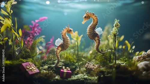 Two Enchanting Seahorses Dancing Among Colorful Aquatic Plants and Gifts Underwater in a Vibrant and Peaceful Marine Environment