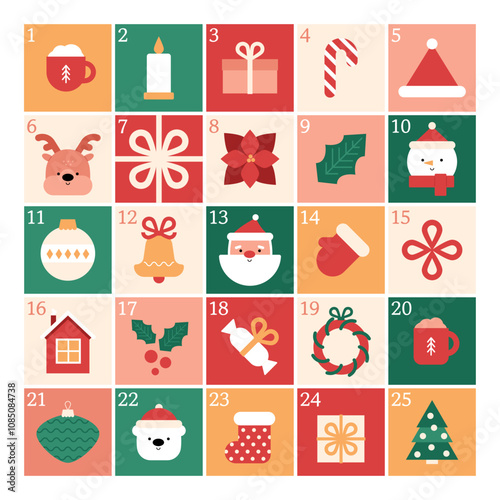 Advent calendar with cute characters and geometric modern icons. Vector illustration. New Year gift, Christmas countdown. Present box template. Holiday banner with numbers 1 to 25.