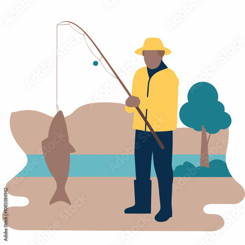 Vector illustration of a fisherman holding a caught fish by a riverbank in a natural setting
