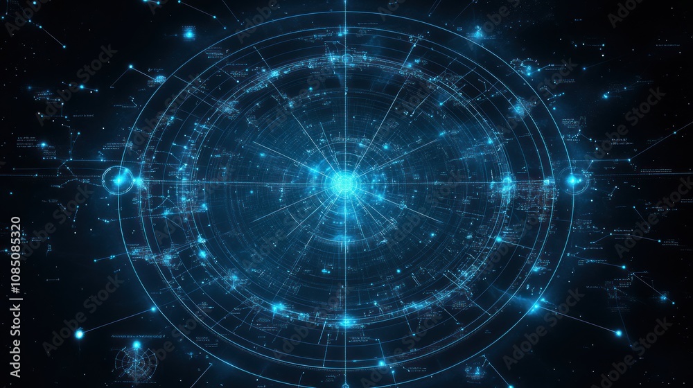 A full circle astrological chart showing the twelve constellations, with connections between planets and their houses in dark blue tones.