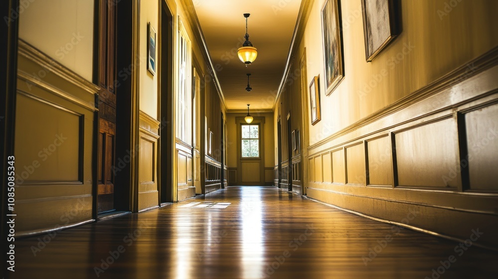 Long, Empty Hallway With Wooden Floors, Walls, and Doors Long, Empty Hallway With Wooden Floors, Walls, and Doors