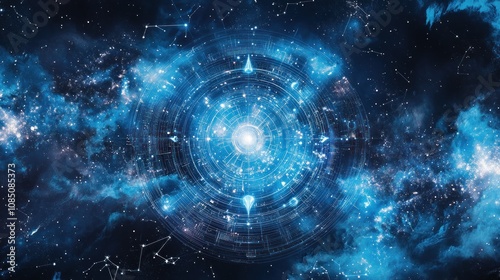 A full circle birth chart, showing the positions of the planets on the day of birth, with intricate connections between the houses and the twelve constellations under a starry sky.