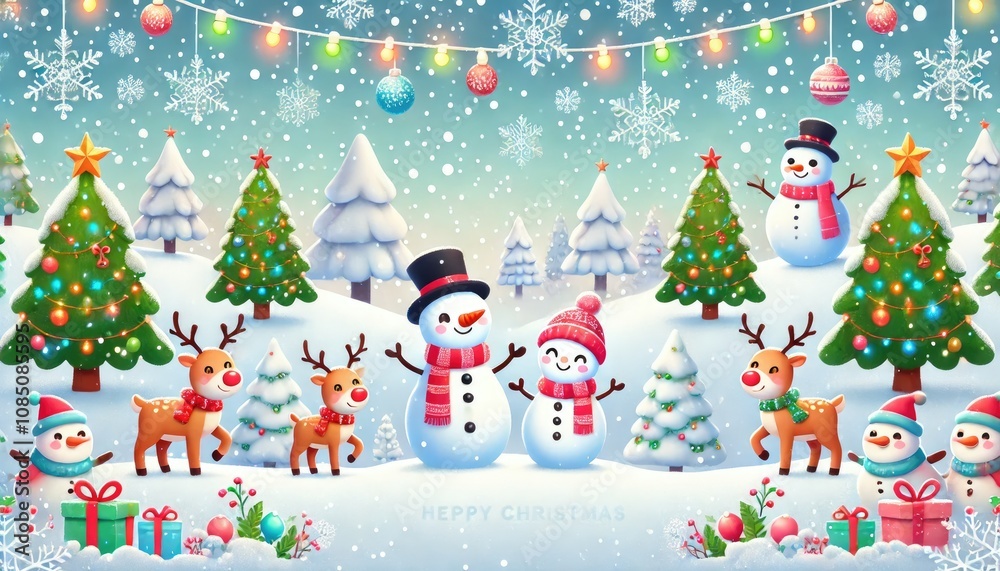 Christmas background, cartoon snow and reindeer