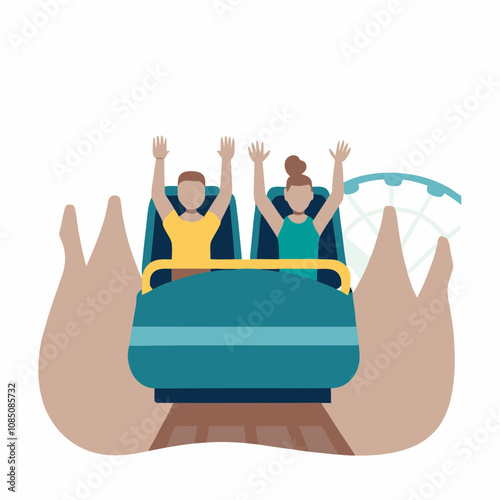 Vector illustration of two passengers enjoying a roller coaster ride at an amusement park