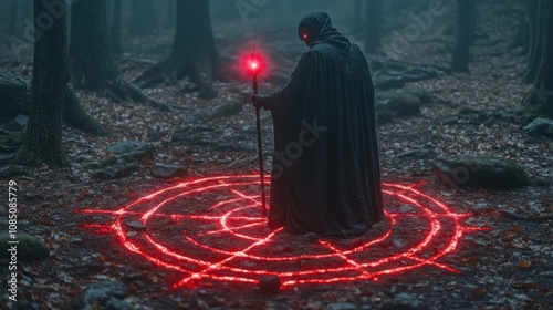 A masked pagan officiant holds a magic staff glowing red in the middle of an ancient magic circle drawn on the ground. With the sound of chanting photo