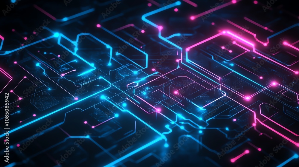 Abstract neon circuit design with glowing lines. Abstract neon circuit design with glowing lines.