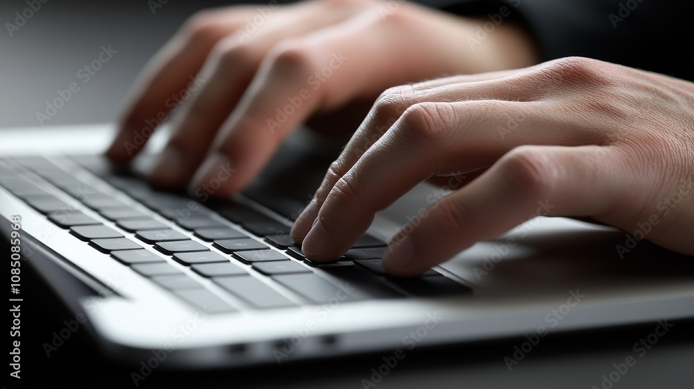 Hands typing on laptop keyboard in dim light. Hands typing on laptop keyboard in dim light.