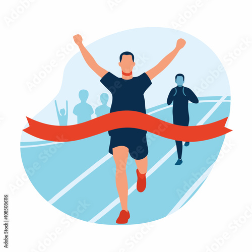 Vector illustration of a runner crossing the finish line and celebrating victory