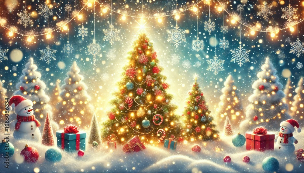 Christmas background, cartoon snow and reindeer