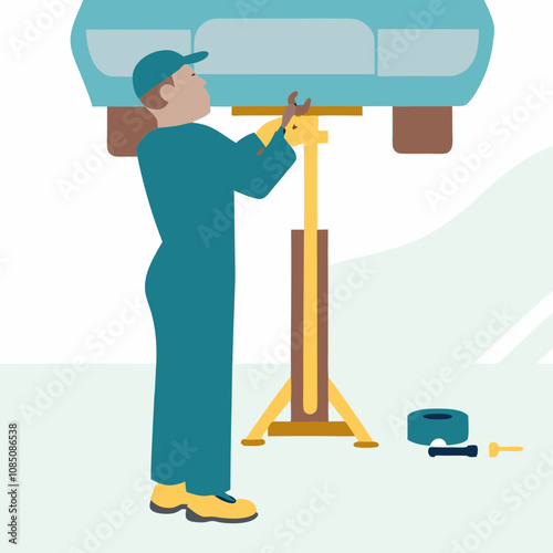 Vector illustration of a mechanic repairing a car in a garage setting