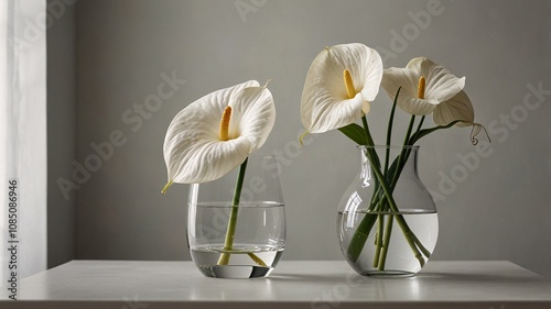 Minimalist White Anthurium in Glass Vase, Contemporary Botanical Still Life with Soft Elegance V5