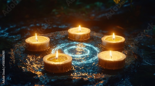 An elemental magic ritual Four candles are placed in the four directions, around a magic circle that glows gold and blue on a full moon night. photo