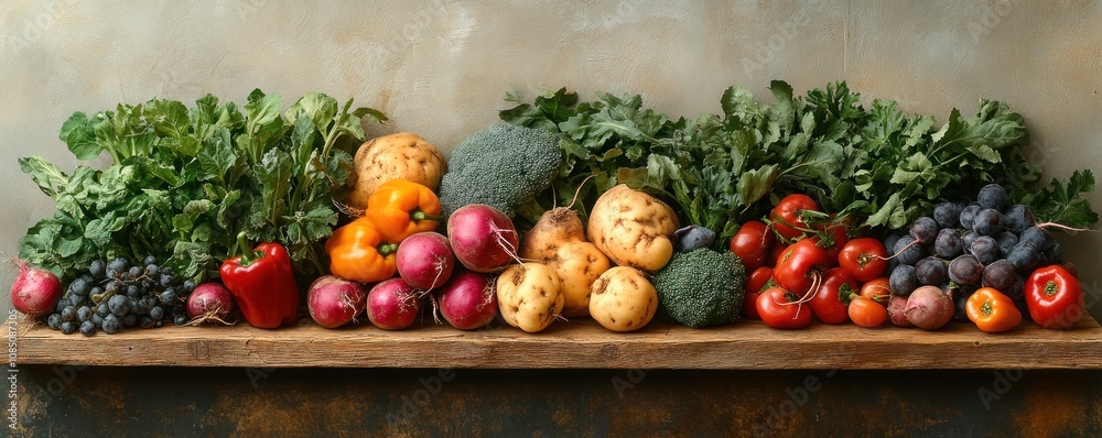 Fresh Vegetables and Fruits on Wooden Shelf Fresh Vegetables and Fruits on Wooden Shelf