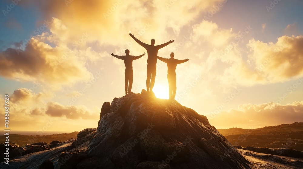 Joyful figures celebrating at sunset on a peak. Joyful figures celebrating at sunset on a peak.