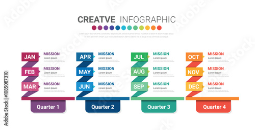 Calendar 12 months in 4 quarters, Infographic template for business 1 year can be used for annual report, workflow, process diagram, flow chart.