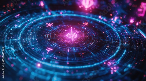 Future Astrology Symbols Floating in the Air Glowing with bright blue and pink neon lights, with energy lines surrounding it.