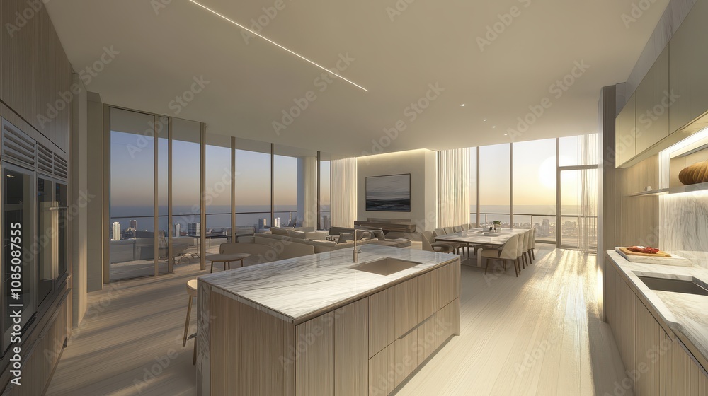 Contemporary Open-Concept Kitchen and Living Area with Stunning Ocean Views bathed in Natural Light from Floor-to-Ceiling Windows at Sunrise Contemporary Open-Concept Kitchen and Living Area with Stunning Ocean Views bathed in Natural Light from Floor-to-Ceiling Windows at Sunrise