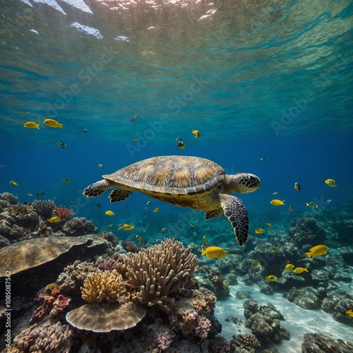 A pair of turtles swimming in a coral reef filled with colorful fish. photo