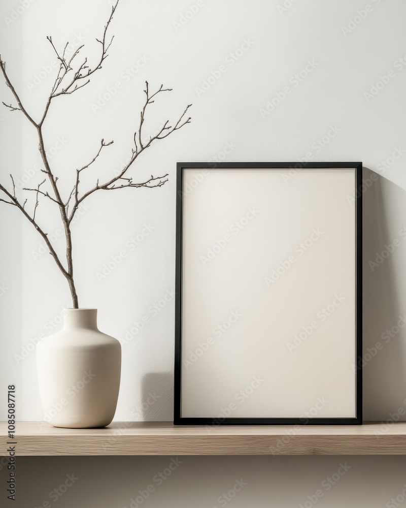 A minimalist scene featuring a blank frame on a wooden shelf, accompanied by a decorative vase and a simple branch, against a light-colored wall. A minimalist scene featuring a blank frame on a wooden shelf, accompanied by a decorative vase and a simple branch, against a light-colored wall.