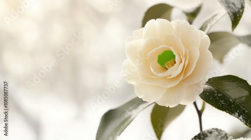 A beautiful cream-colored camellia with a bright green color splash, set against a soft, neutral winter background. The green splash adds vibrancy while leaving ample copy space above the flower. photo